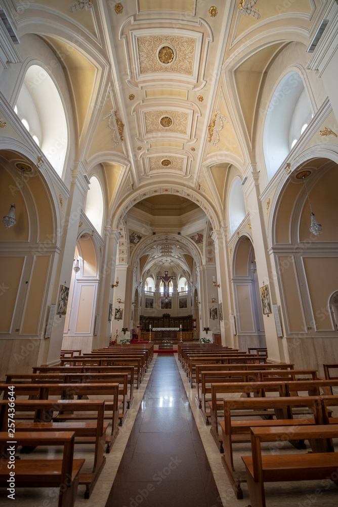 Alberobello, Puglia, Italy - Inside interior and chapel of the cathedral Basilica of Saints Cosmas and Damian (Parrocchia Santuario Basilica S.S. Cosma E Damiano). Church in trulli town