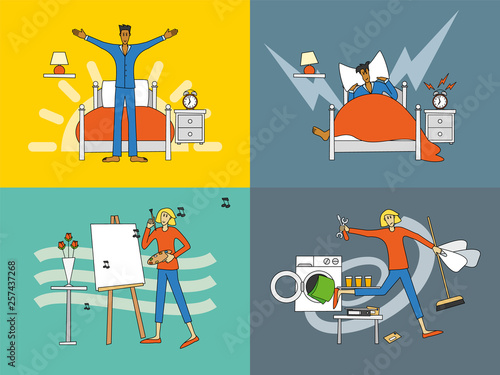 Wellbeing man and woman with good and bad sleep, relaxed and unrelaxed