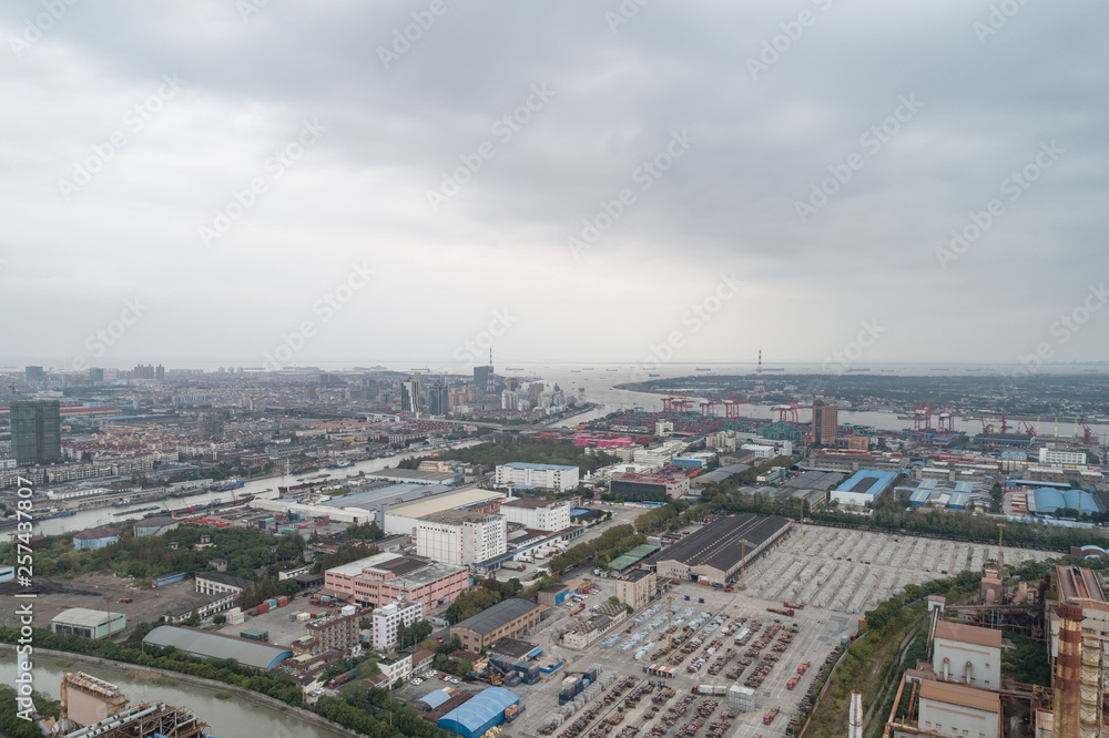 aerial view of raw industrial material in cargo port