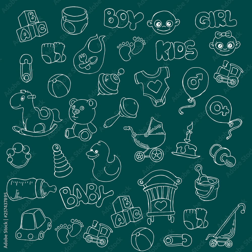 Vector hand drawn set of Newborn Baby Care cartoon doodle objects and items.