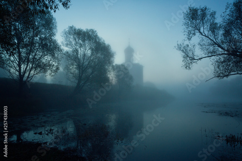 Church of Intercession upon Nerl River. (Bogolubovo, Vladimir region, Golden Ring of Russia) in autumn fog