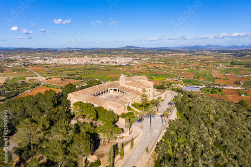 Aerial view, Santuari de Monti-Sión, Sanctuary Montesion, Puig de Monti-Sión, Porreres, Mallorca, Balearic Islands, Spain photo