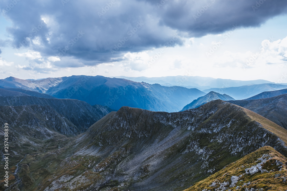Summer Storm aproaching in the heart of the Fagaras Mountains in Romania. Mountain ridges 