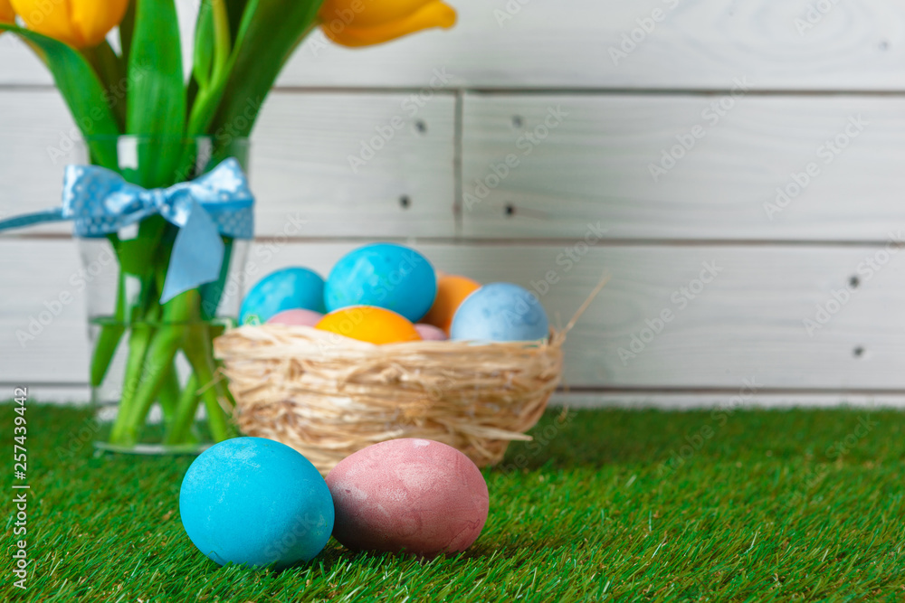 Easter Eggs with flower on Green Grass Easter Eggs with flower on Green Grass