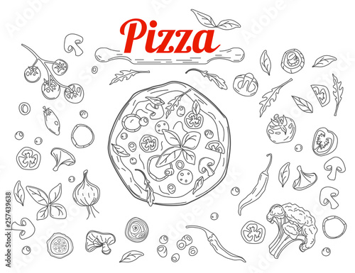 Italian pizza and ingredients top view frame. Italian food menu design template. Vintage hand drawn sketch, vector illustration. Food in doodle style.