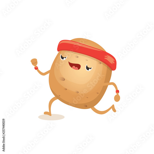 Cartoon funky potato character running or jogging isolated on white background. Cute sporty vegetable character making cardio sport exercise. Fitness cardio concept