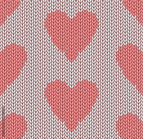 The Seamless pink knitted background with hearts.