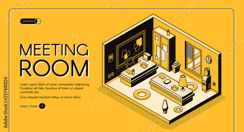 Modern coworking center office work areas and services isometric vector web banner. Meeting or conference room cross section interior line art illustration. Business company landing page template