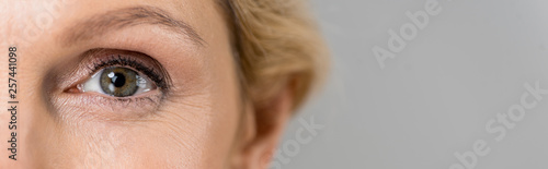 panoramic shot of mature woman looking at camera isolated on grey