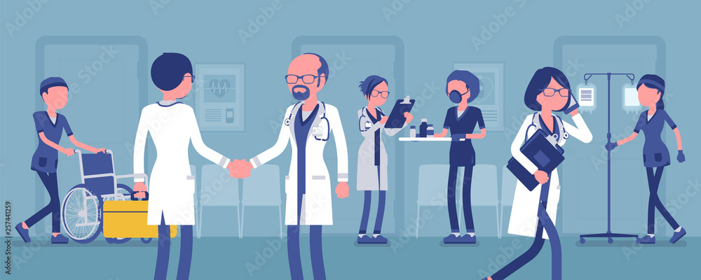 Doctors, nurses working in a hospital. Busy day in clinic department, staff and patients given professional medical treatment, health care institution routine. Vector illustration, faceless characters Doctors, nurses working in a hospital. Busy day in clinic department, staff and patients given professional medical treatment, health care institution routine. Vector illustration, faceless characters