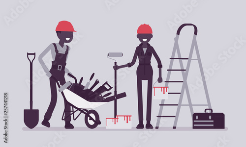 Construction workers with professional equipment. Male, female laborers in uniform employed to build, repair, engaged in manual work, physical labour industry. Vector illustration, faceless characters