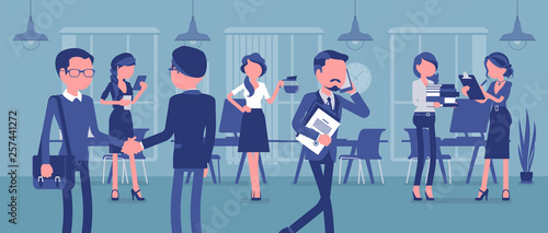 Employees busy in the office. Group of business people working in room, businessmen meet colleagues, perform professional activity in positive corporate mood. Vector illustration, faceless characters