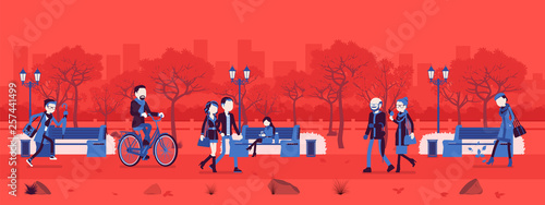 Fall season park zone with people. Large public garden in autumn, land area with grass, trees for fun, recreation, happy citizens enjoy open air activities. Vector illustration, faceless characters