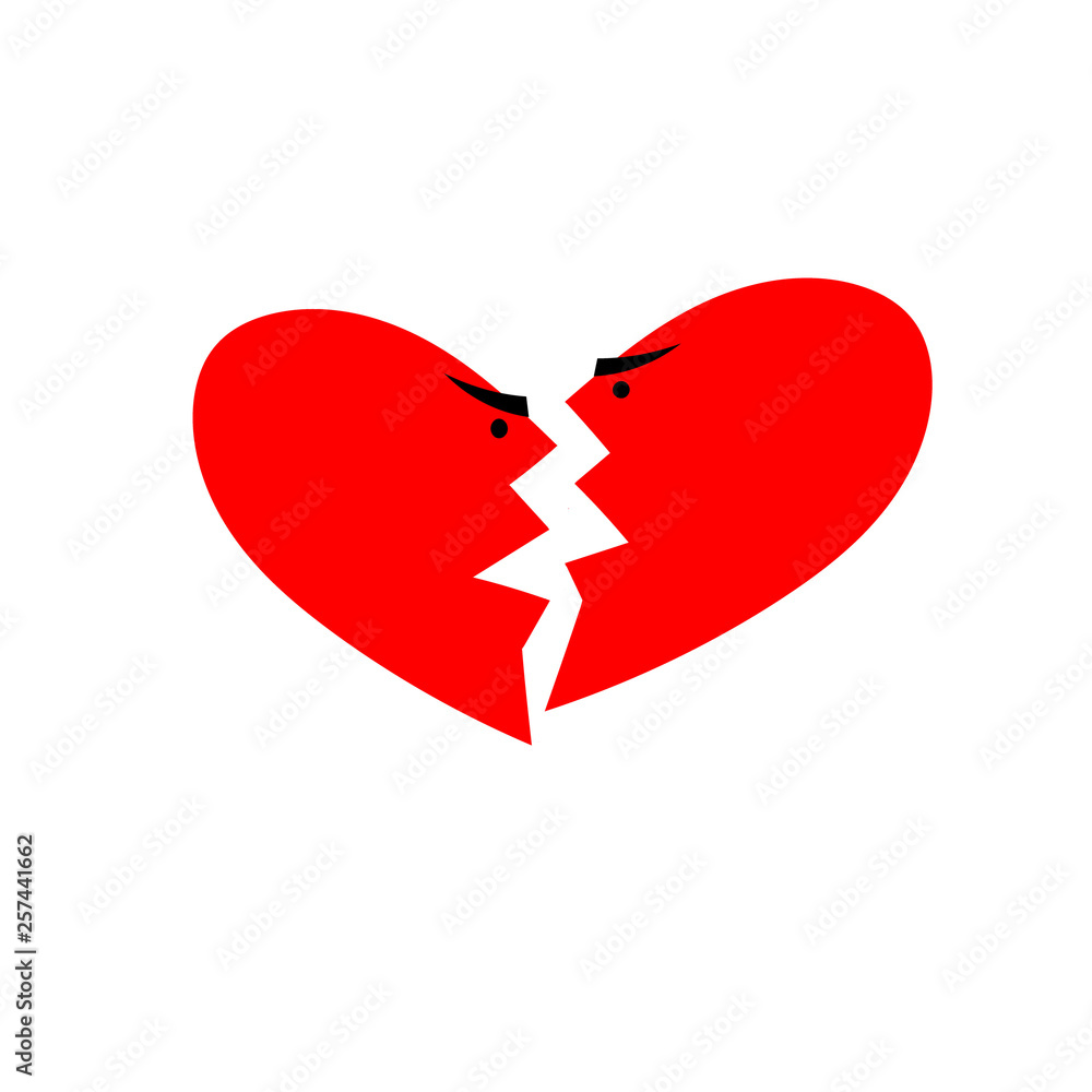 Obraz premium Broken heart vector icon. Quarreling couple in the form of two halves of hearts isolated on white background. Heart icon.