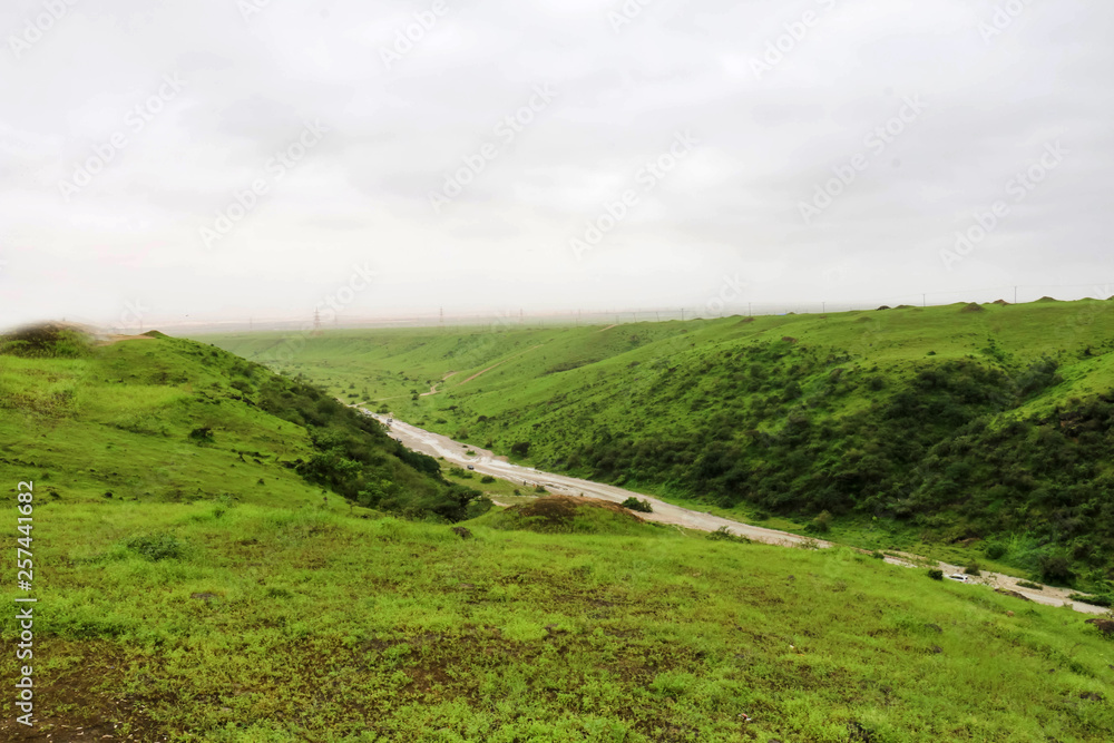 Lush green landscape, trees and foggy mountains in Ayn Khor tourist resort, Salalah, Oman