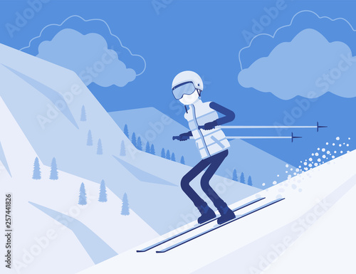 Active sporty man skiing downhill, enjoy winter outdoor fun on resort with beautiful snowy nature, mountain view, professional wintertime tourism, recreation. Vector illustration, faceless characters
