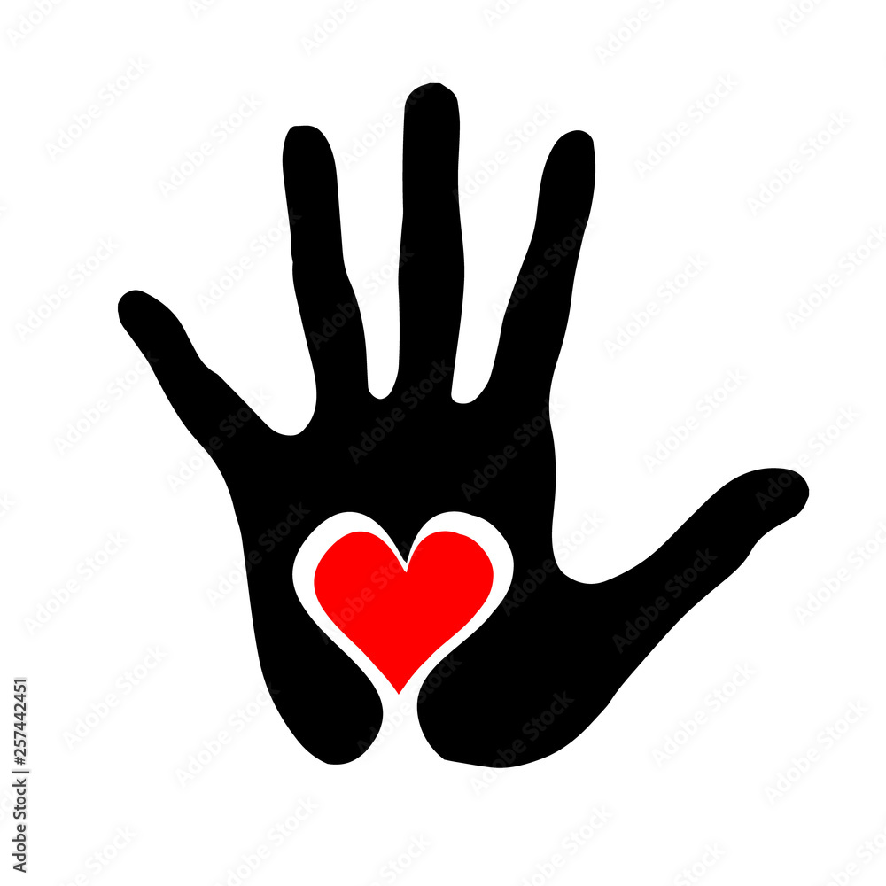 Black silhouette of humans handprint with heart symbol in open palm isolated on white background. Black silhouette of humans handprint with heart symbol in open palm isolated on white background.