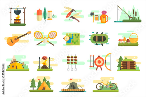 Camping icons set, hiking and fishing equipment, traveling and relaxing elements, summer vector Illustrations on a white background