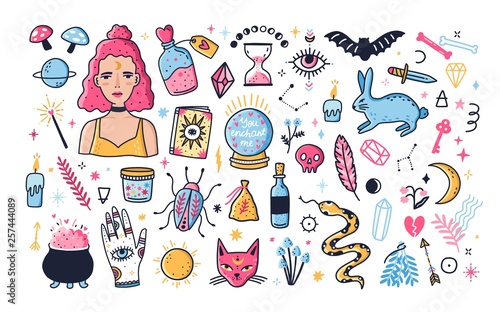 Modern wizardry and witchcraft set. Collection of mystical and magical decorative design elements - crystal ball, ingredients for magic potion, enchanted animals. Flat doodle vector illustration.