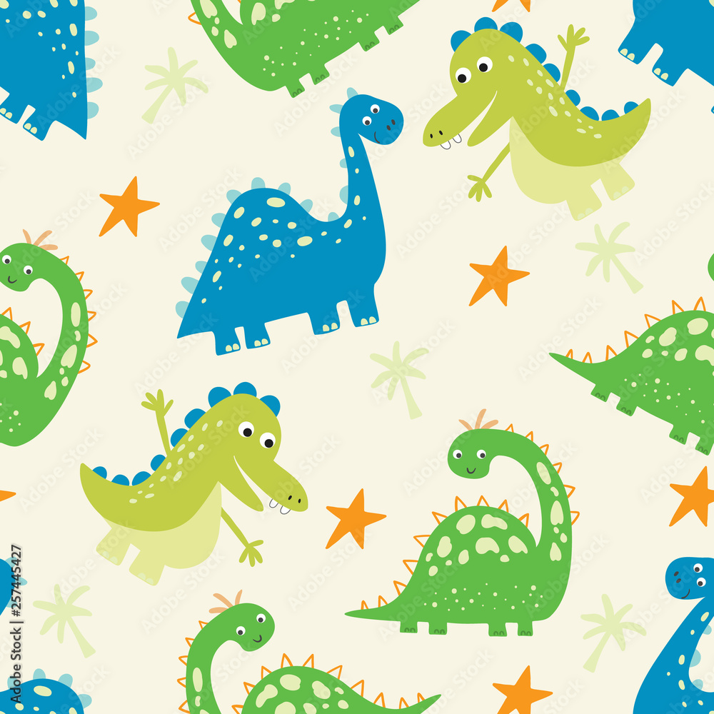 Fototapeta premium Cute seamless pattern with funny dinosaurs. vector illustration.