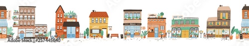 Urban landscape or view of European city street with stores, shops, sidewalk cafe, restaurant, bakery, coffee house. Seamless banner with building facades. Flat vector illustration in cute style.