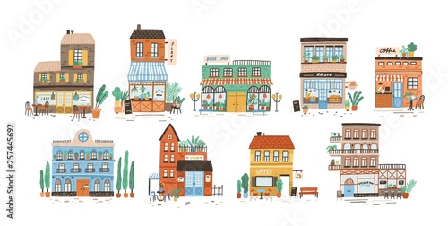 Collection of stores, shops, cafe, restaurant, bakery, coffee house isolated on white background. Bundle of buildings on street of European city. Flat vector illustration in cute naive style.