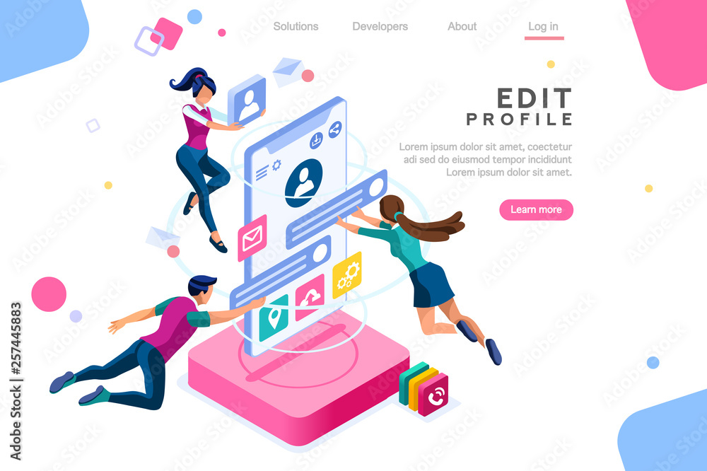 Workspace for workers, interface to build ideas, create mobile profile or customer analysis. Office fly application, data on client teamwork phone. Isometric vector illustration. Landing page concept