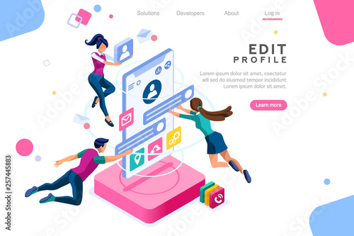 Workspace for workers, interface to build ideas, create mobile profile or customer analysis. Office fly application, data on client teamwork phone. Isometric vector illustration. Landing page concept
