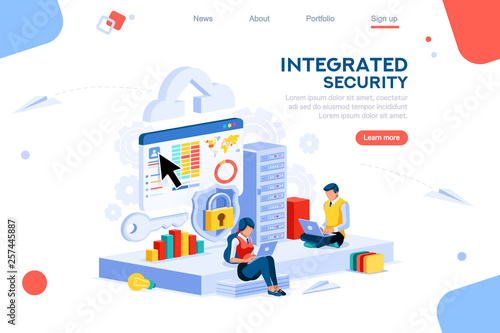 Data services for innovation. Safety social global integrated security. Virtual key support. Storage drawing circuit of database. Web banner, flat isometric illustration isolated on white background.
