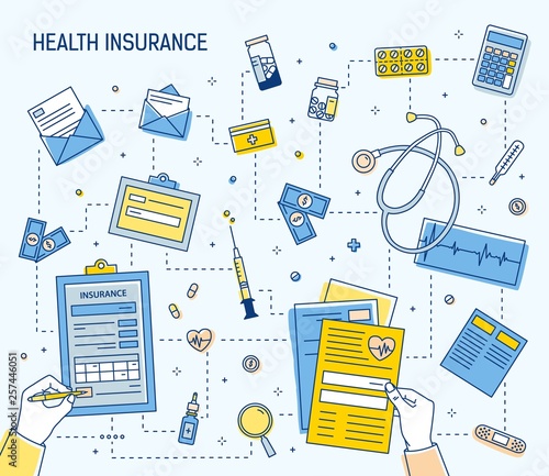 Colorful square banner with hands filling out document of health insurance and calculating healthcare expenses surrounded by medicines, medical tools, money bills, coins. Linear vector illustration.