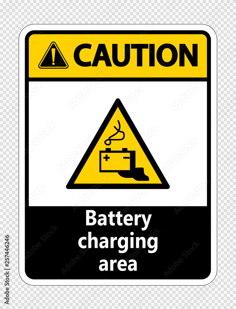 Caution battery charging area Sign on transparent background Caution battery charging area Sign on transparent background