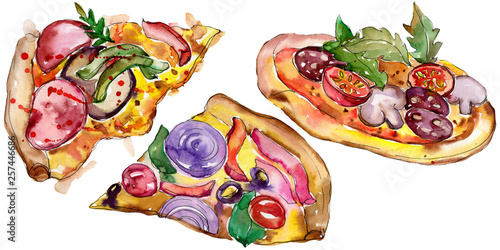 Fototapeta Naklejka Na Ścianę i Meble -  Fast food itallian pizza in a watercolor style set. Aquarelle food illustration for background. Isolated pizza element.