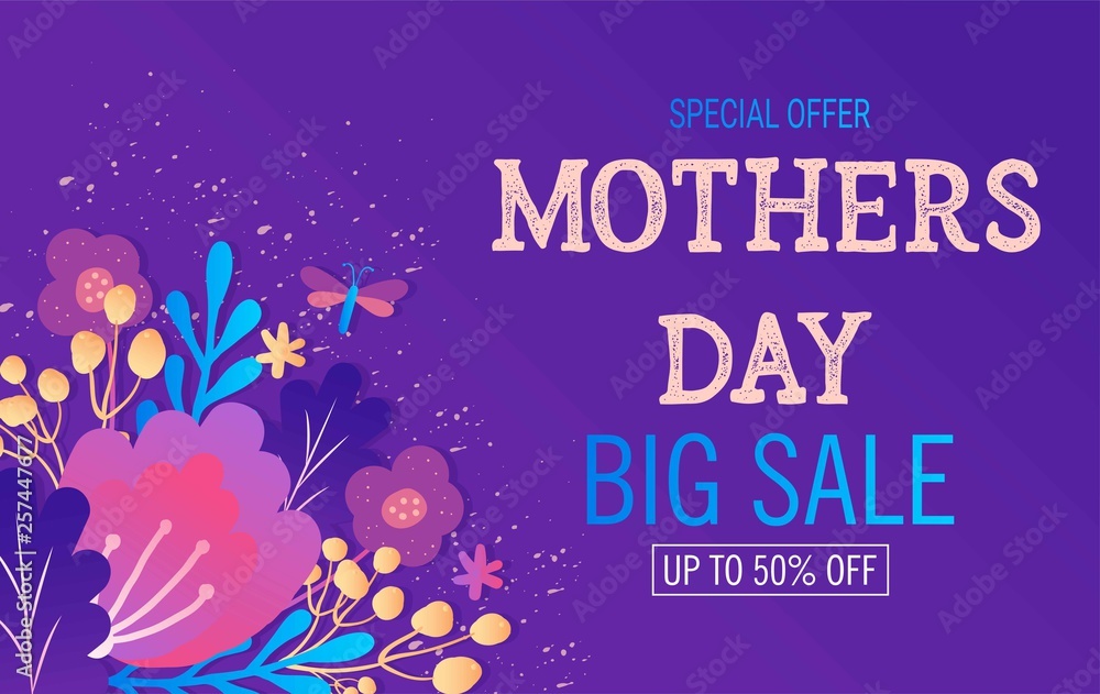 Naklejka premium Design sale banner with spring flowers. Bright flowers wallpaper. Vector card with magic colorful bright flowers and offer