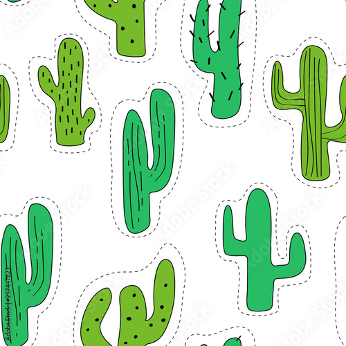 Seamless pattern with cartoon cactus decorated graphic elements. Green cactus made in the form of stickers. summer print