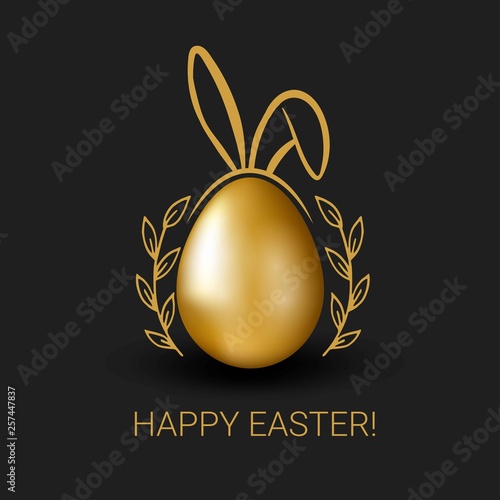 Vector Easter golden egg with bunny ears, lettering and doodle floral on black background. Сhristian symbol of the resurrection of Christ