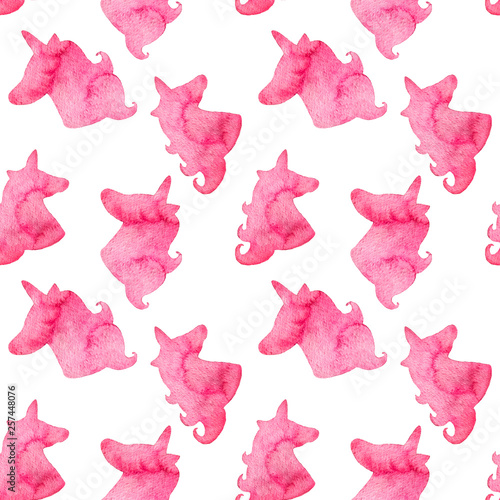 Seamless pattern with crimson unicorns. Watercolor pink silhouette of unicorns. Fantastic creature, mystical animal. Minimalistic hand drawn art on a white background.