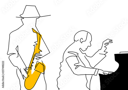 Pianist and saxophonist. Black contour, yellow color. Musical jazz illustration. Two musicians, instruments saxophone and piano. Vector.