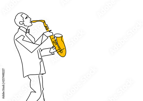 Black contour of saxophonist with yellow saxophone. Single musician outline. Musical vector illustration. Line art.