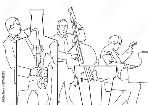 Jazz band. Musical black contour illustration. Pianist, saxophonist, contrabass player. Silhouette of bottle. Vector.