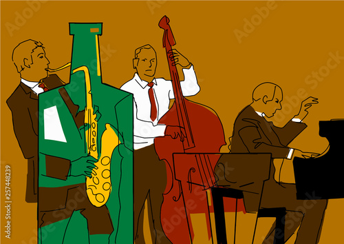 Jazz band. Colorful musical illustration. Saxophone player, pianist player, contrabass player. Musical instruments: grand piano, sax, bass. Black contour. Vector.
