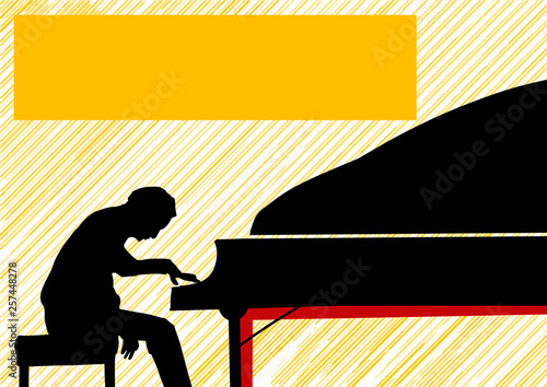 Black silhouette of pianist on colorful background. Orange rectangle space for text. Musical instrument, grand piano, striped yellow backdrop. Vector illustration.
