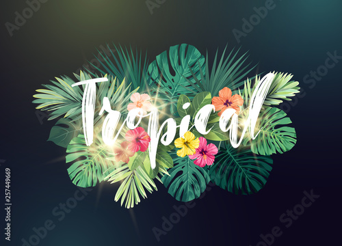 Summer hawaiian vector design for card or flyer with exotic palm leaves, hibiscus flowers and handlettering.