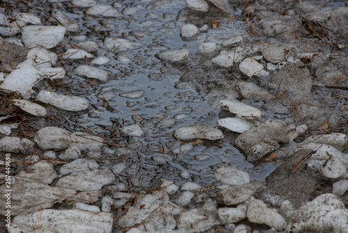 natural texture of pieces of gray ice and muddy water in a puddle