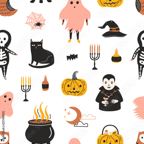 Halloween seamless pattern with scary and spooky magic fairytale characters o...