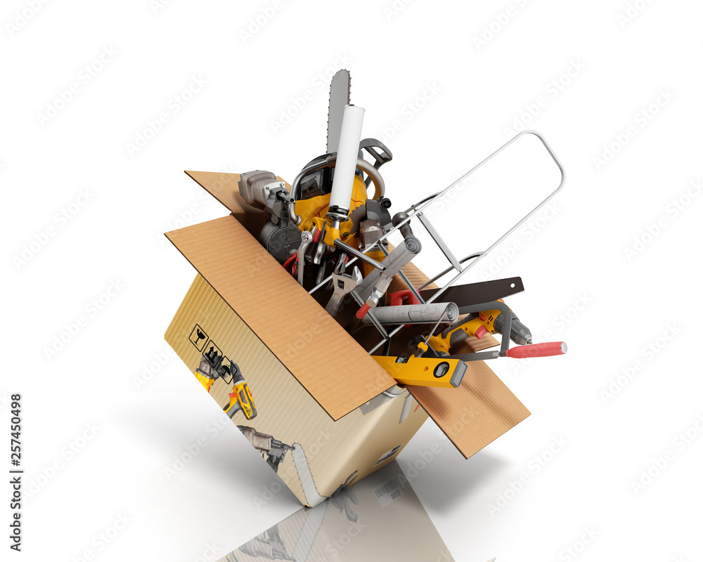 concept of product categories construction tool fly out of the box 3d render on white concept of product categories construction tool fly out of the box 3d render on white
