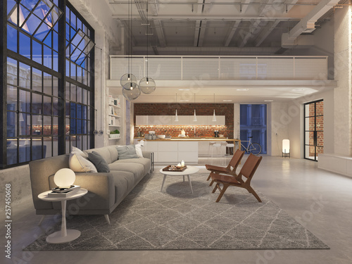 3D-Illustration of a new modern city loft apartment by night. 3d rendering