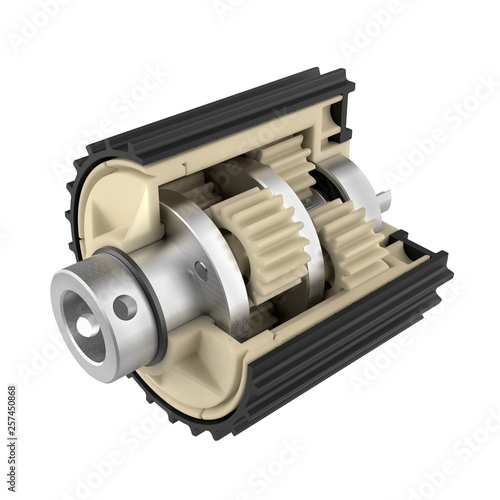 The reducer of the planetary gear in the cut. Educational aid about the device of mechanization. Plastic gears. 3D rendering.