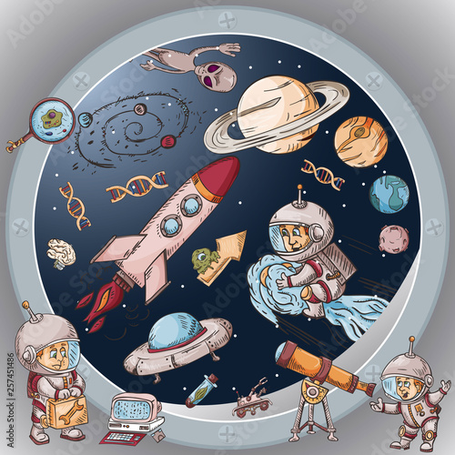 space the view from the window of a spacecraft vector illustration for design and decoration, stickers the covers, in the style of childrens illustration, doodles