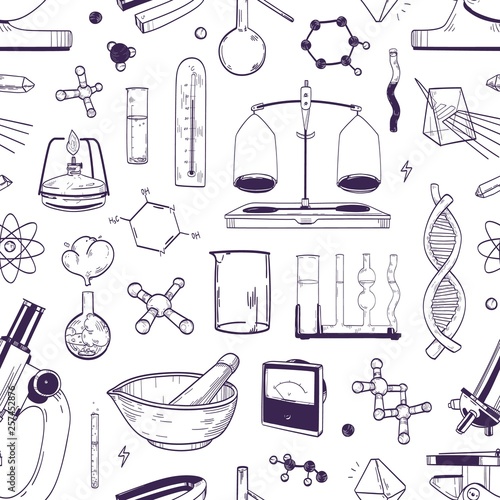Monochrome seamless pattern with chemical and physical lab equipment hand dra...