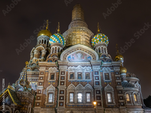 The Church of the Savior on Spilled Blood, landmark in Saint Petersburg, view from front entrance, under twilight evening with night light in Russia